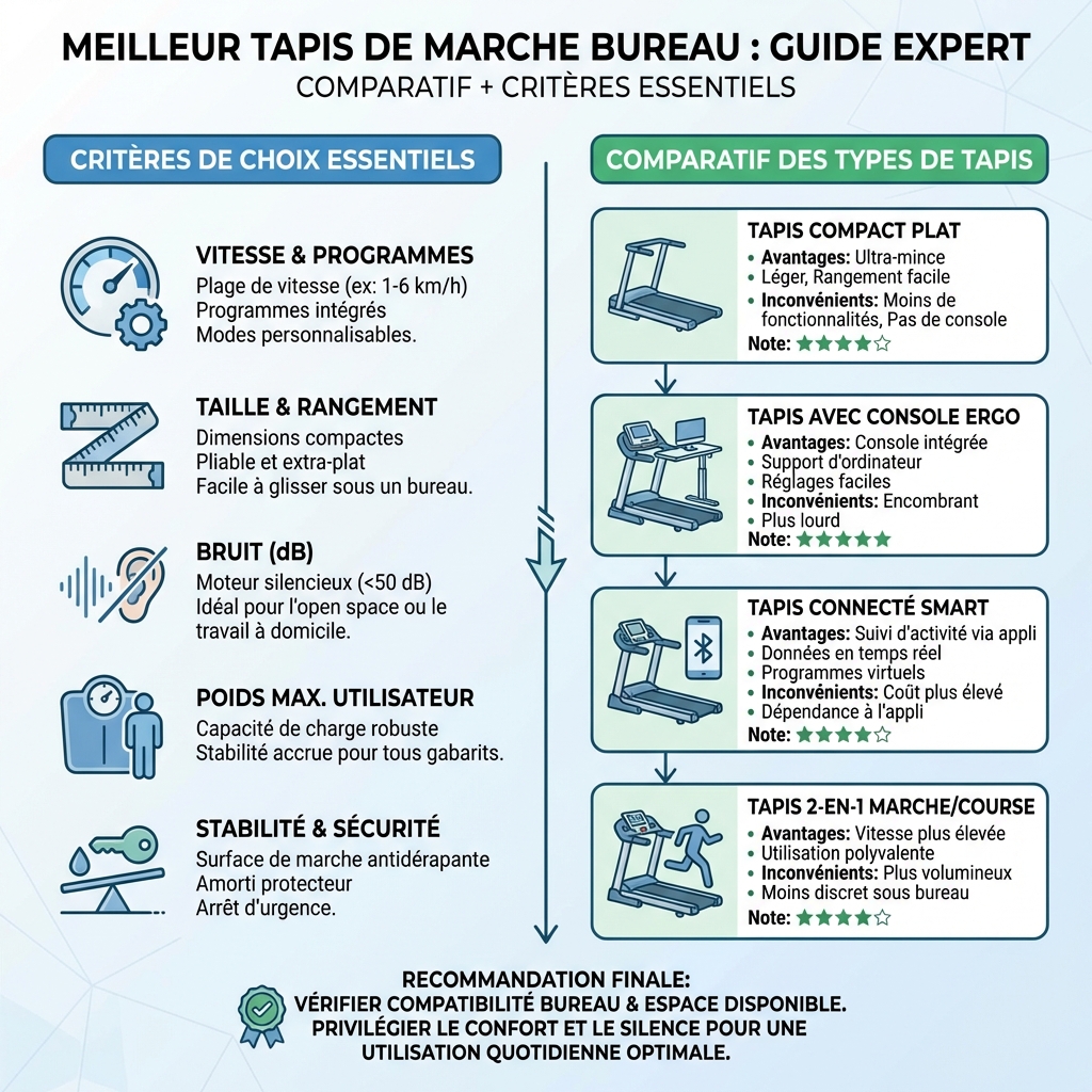 Meilleur tapis de marche bureau : le guide expert (comparatif + critères) - infographie